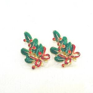 Vintage Earrings Holiday Christmas Tree Berries Bow Clip-on Enamel Red Green